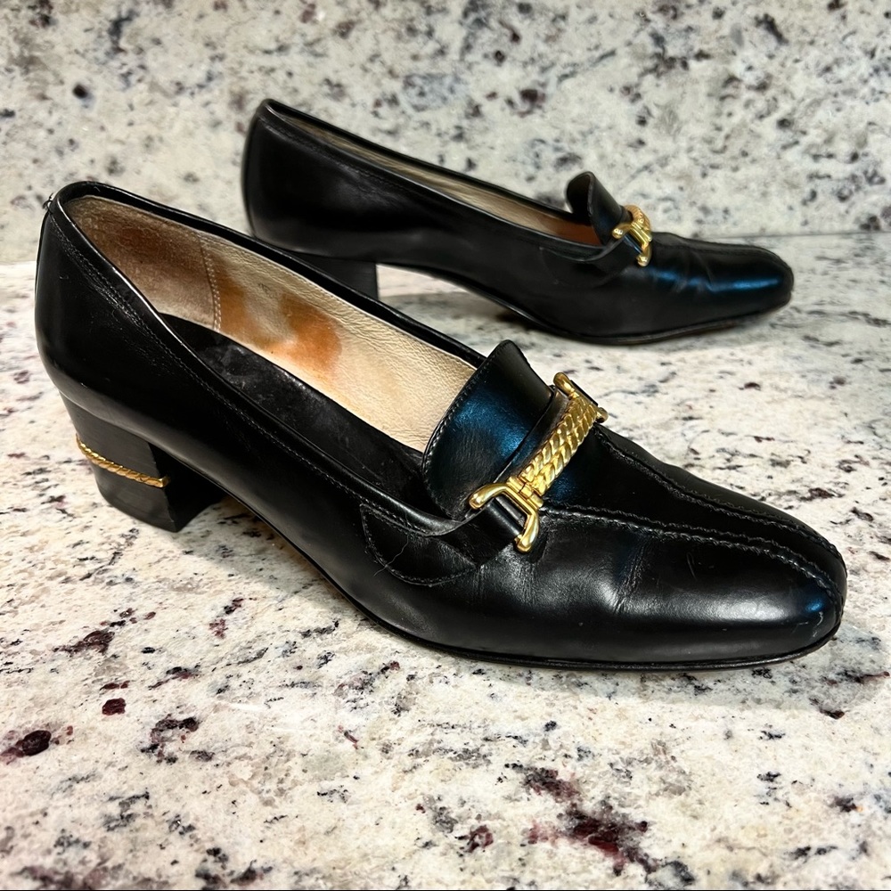 Gucci | Vintage Italian Stack Heeled Loafers w/ Gold Chain Accents Sz 38 1/2 B